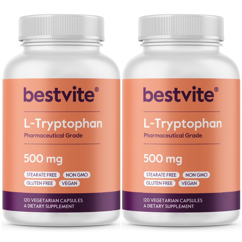 BESTVITE L-Tryptophan 500 mg per kapseli (240 kasviskapselia) (2-pakkaus) - Ei stearaattia - Ei silikaa - Ei liivatetta - Vegan - Gluteeniton - Ei muuntogeenisiä organismeja