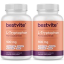 BESTVITE L-Tryptophan 500 mg per kapseli (240 kasviskapselia) (2-pakkaus) - Ei stearaattia - Ei silikaa - Ei liivatetta - Vegan - Gluteeniton - Ei muuntogeenisiä organismeja