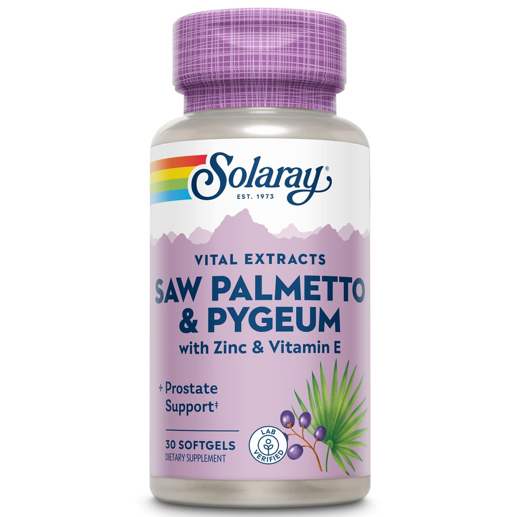 SOLARAY Saw Palmetto ja Pygeum - Saw Palmetto miehille w/Pygeum Bark, Sinkki, E-vitamiini, kurpitsa siemenöljy - Etusivu Lisäravinteet miesten w/Beta Sitosterole - 60 päivän takuu - 30 Tarjoilut, 30 Softgels
