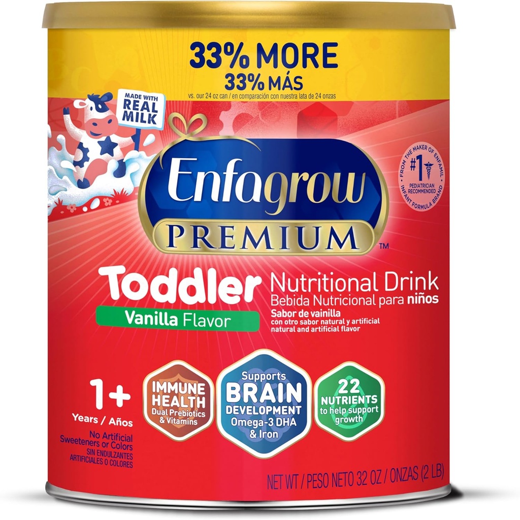 Enfagrow Premium Toddler Nutritional Drink, Natural Vanilla Flavor, Omega-3 DHA aivoihin tukea, Prebiootit ja vitamiinit immuuniterveyteen, ei-GMO, Powder Can, 32 Oz (Pack of 1
