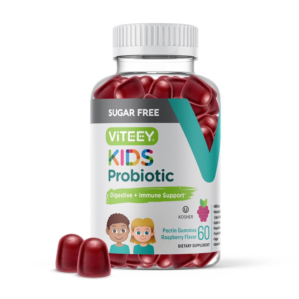Viteey Probiotic Gummies for Kids - 2 miljarder CFUs - Probiotics Kids Constipation Relief, Natural Immune & Digestive Health Support - Vegan, Gelatin Free, GMO Free - Tasty Chewable Raspberry Flavored