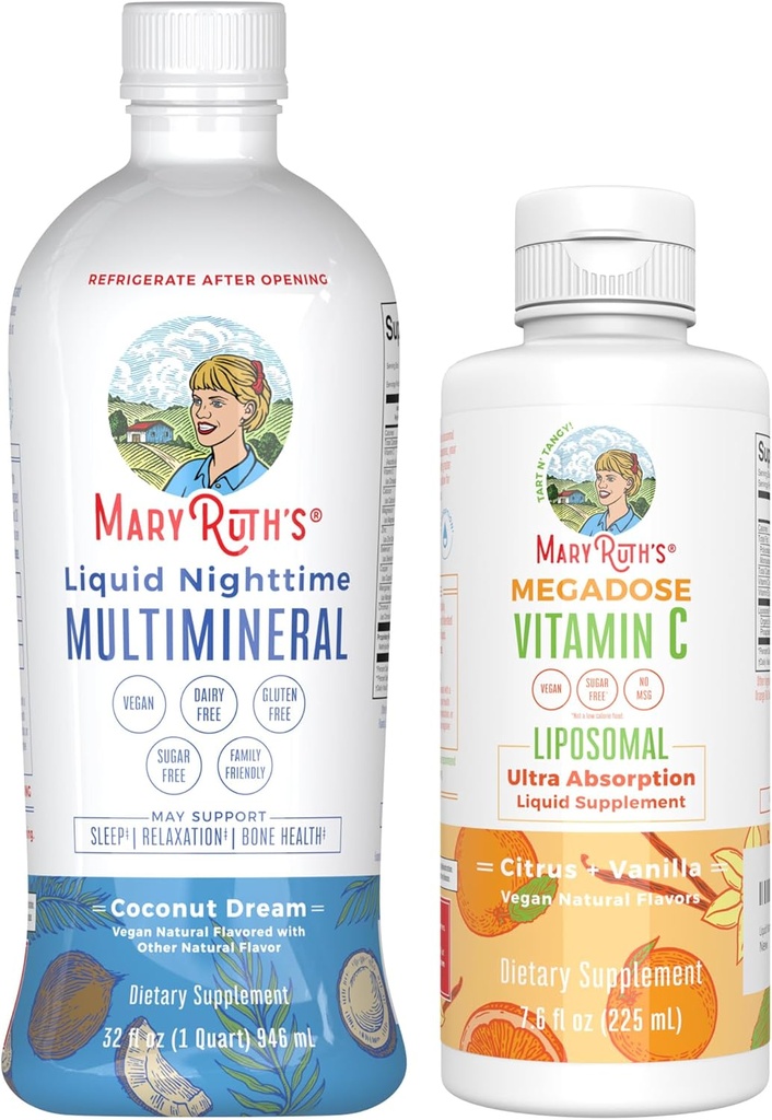 MaryRuths Nighttime Multimineral (Coconut) & Vitamin C Liposomal (Citrus & Vanilla) | Clean Label Project Verified® | Supplement för Bedtime & Antioxidant | Vegan, Non-GMO, Gluten Free
