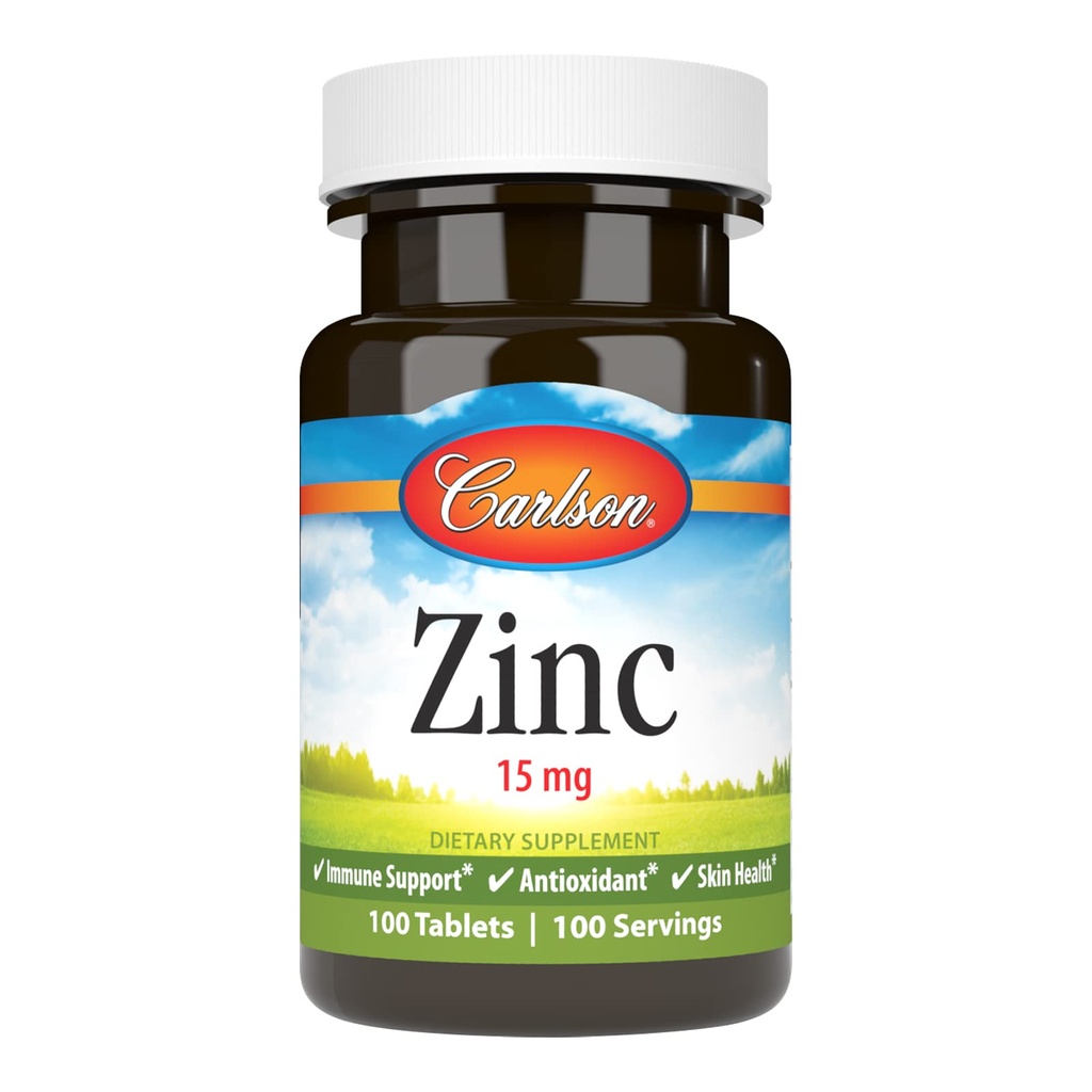 Carlson - Sinkki, 15 mg, Sinkki Supplement, Sinkkiglukonaatti, Immuunit ja ihon terveys, Sinkkitabletit, antioksidantti, Sinkkikapselit, 100 tablettia