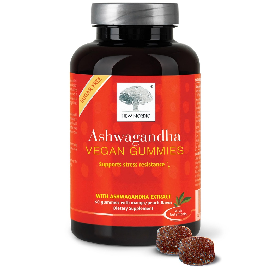 NEW NORDIC Ashwagandha Gummies, 300 mg Ashwagandha juuriuute, sokeriton, Adaptogens miesten ja naisten, herkullinen Mango Peach, 60 Gummies