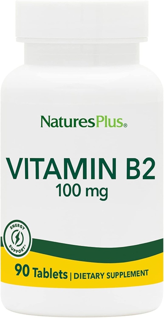 Natures Plus Vitamin B2 (Riboflavin) - 100 mg, 90 vegetariska tabletter - Natural Energy & Metabolism Booster, främjar övergripande hälsa - Glutenfri - 90 portioner