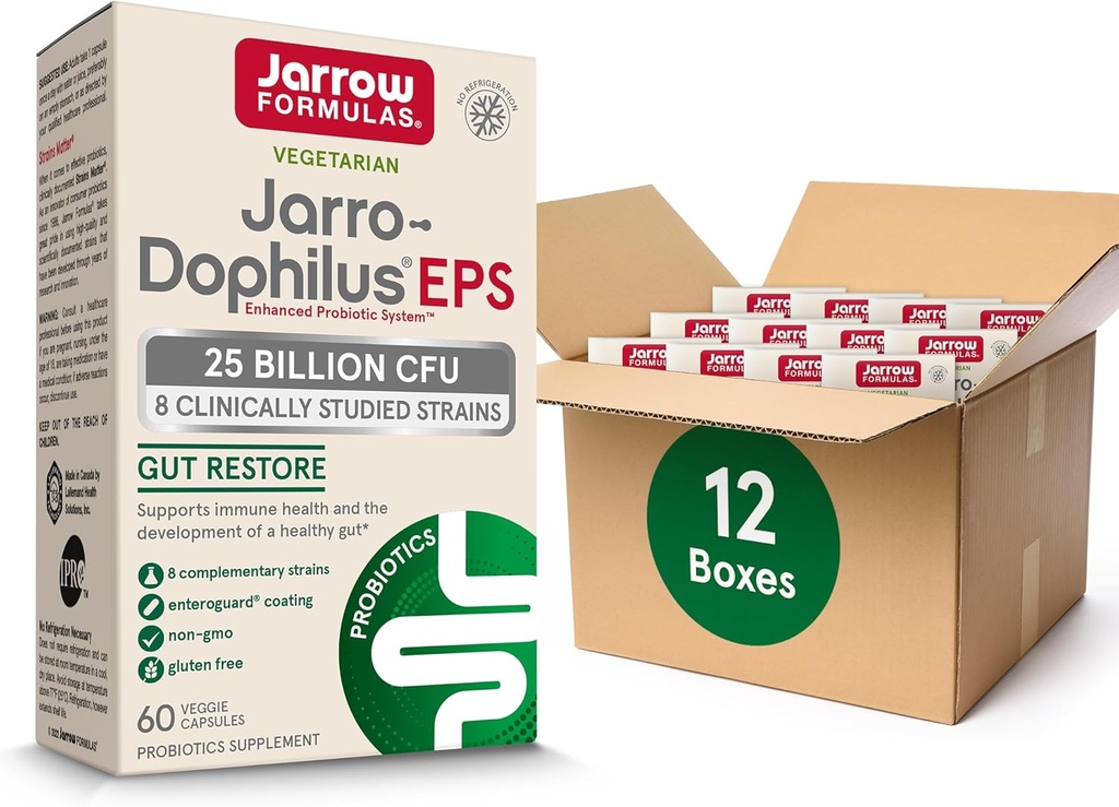 Jarrow Formulas Jarro-Dophilus EPS Probiotics 25 miljarder CFU för Intestinal Tract Support, Gut Health Probiotics Supplements for Women and Men, 60 Veggie Capsules, Upp till en 60-dagars Supply, 12 Packs