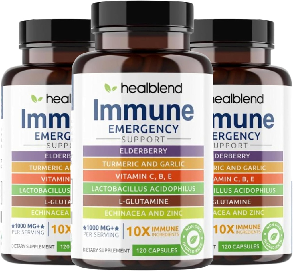 healblend 10 i 1 Immune Support Supplement Booster med Elderberry, Zink, Echinacea, gurkmeja, Lactobacillus Acidophilus, för vuxna (3 Pack)