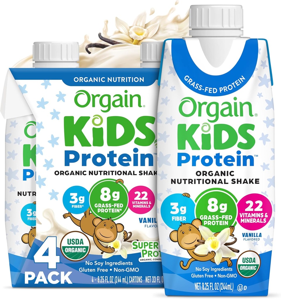 Orgain Organic Kids Protein Nutritional Shake, Vanilja - 8 g proteiinia, 22 vitamiinia ja kivennäisaineita, hedelmät ja vihannekset, gluteeniton, soijaton, ei-GMO, 8.25 Fl Oz (pakkaus 4)