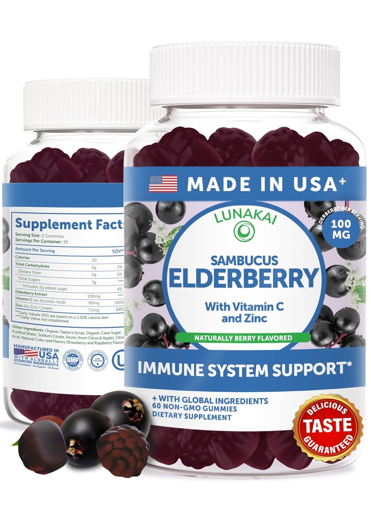 Lunakai USA Made Black Sambucus Elderberry Gummies aikuisille & lapsille C-vitamiini & Sinkki - Immuuni tuki, antioksidantteja, ei-GMO, 60 Gummies