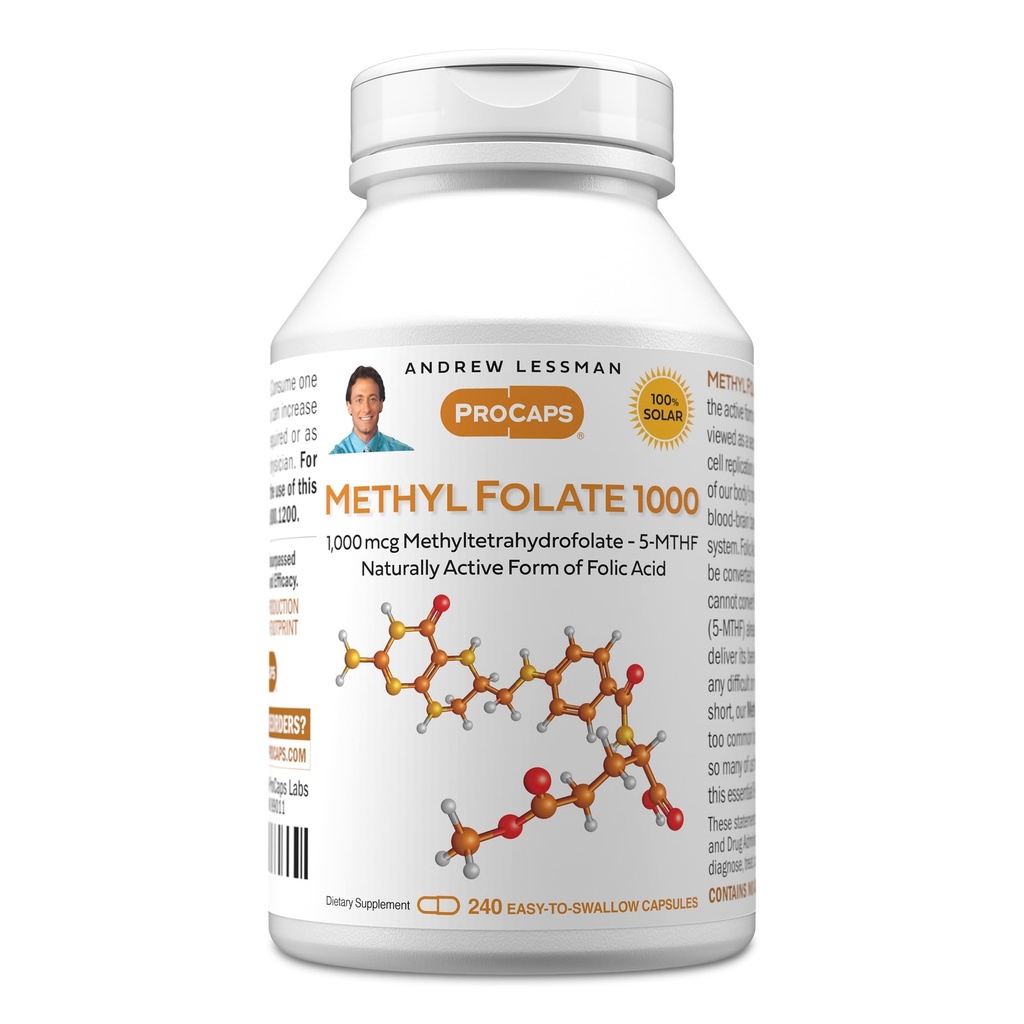 ANDREW LESSMAN Methyl Folate 1000mg - 240 kapslar - 1000 mcg L-Methyl Folate, Potenta nivåer av Essential Vitamin B9. Stöder hälsosamt hjärta, hjärna, immun och graviditet. Lätt att svälja kapslar