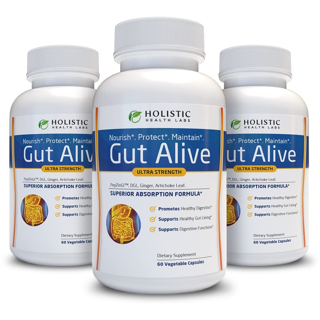 Gut Alive - Kaikki luonnollinen tuki torjumaan IBS, närästys, happo ruoansulatushäiriöt, happo refluksi, turvotus ja kaasu. Ainutlaatuinen Formulation (60 Count (Pack of 3))