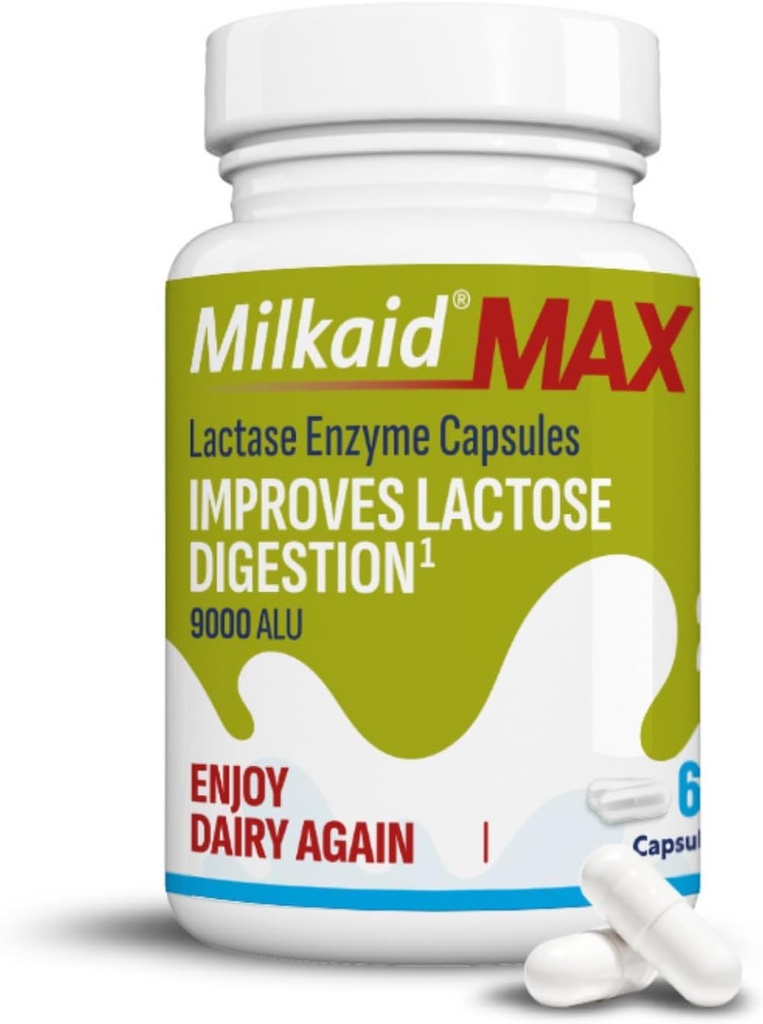 Milkaid Max kapselit Laktoosi-intolerance Relief laktaasi-entsyymi, ravintolisä auttaa estämään kaasua, turvotusta ja ripulia johtuu laktoosi-herkkyyden 
