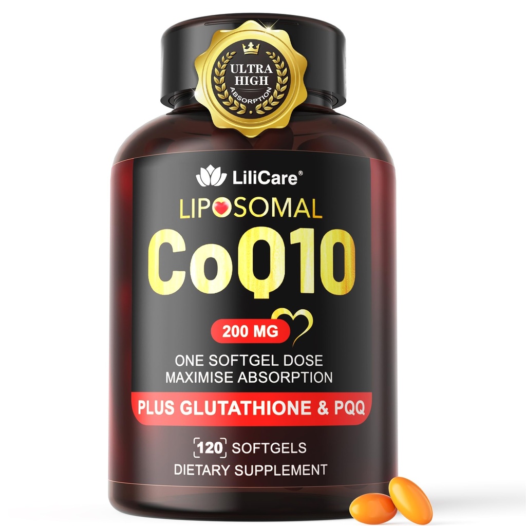 CoQ10-200mg-Softgels, 120 Servings Liposomal CoQ10 PQQ & Black Pepper Extract för Maximal Absorption - Ultra Ubiquinone Coenzyme Q10 Supplement Powerful Antioxidant stöder Hear-t & Energy Boost