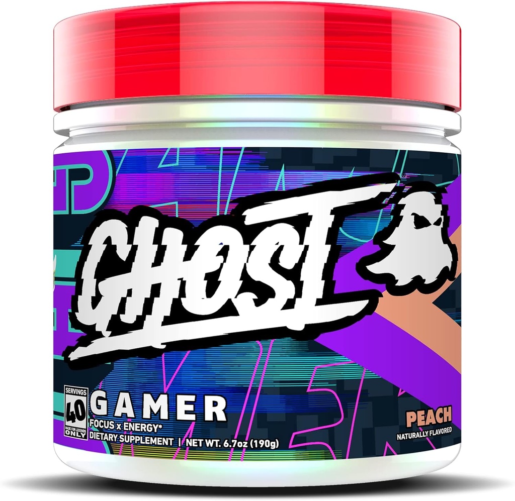 GHOST Gamer: Energi och fokus stödformel - 40 portioner, persika - Nootropics & Natural Caffeine för uppmärksamhet, noggrannhet och reaktionstid - Vegan, glutenfri