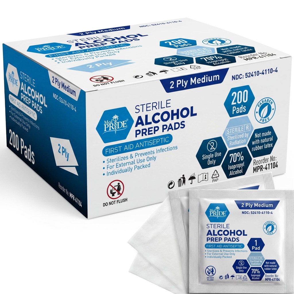 MED PRIDE Steriilit alkoholivalmisteet, antiseptiset lääkkeet, 70% isopropyyli, yksittäispakattu, lääketieteellisen asteen 2 Ply-pyyhkeet (200)
