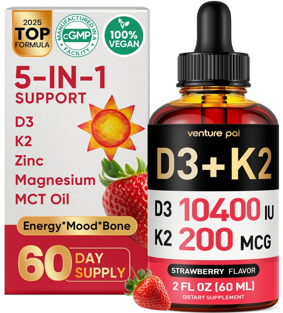 Venture Pal 5-in-1 D3 10000 IU & K2 MK-7 200 mcg magnesiumin, MCT-öljyn, sinkin, sokerittoman D-vitamiinin nestemäisen .