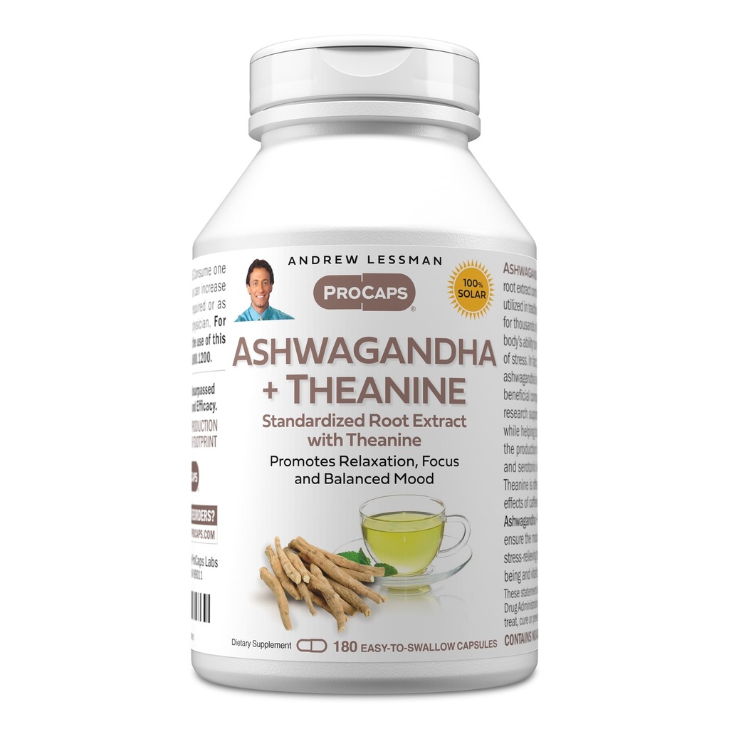 ANDREW LESSMAN Ashwagandha + Theanine 180 kapslar - Standardiserat extrakt. Främjar avkoppling, fokus och balanserad humör. Liten lätt att svälja kapslar