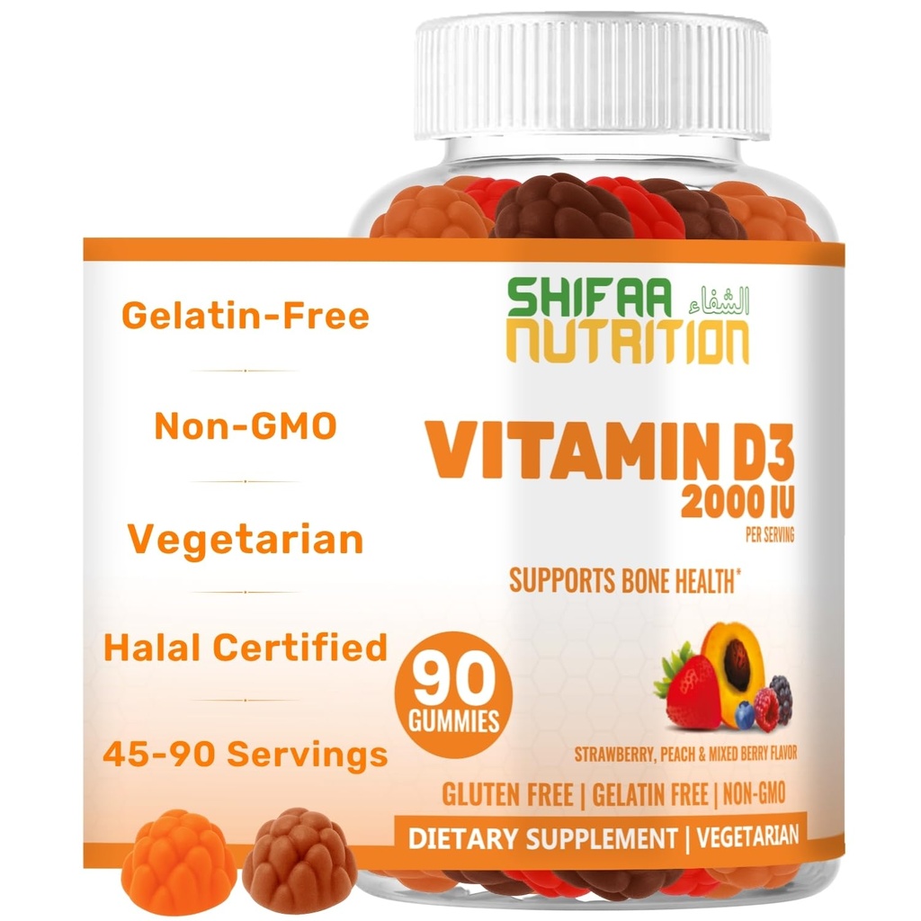 SHIFAA NUTRITION Vegetarian Vitamin D3 Gummies for Adults & Kids | 45-90 Servings, 2 000IU / 1000IU | Non-GMO, Gluten-Free, Gelatin-Free | Stöder Bones, Muscles & Immune System Hal Vitamins