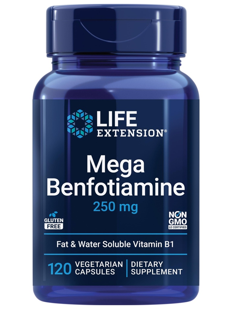 Life Extension Mega Benfotiamiini, 250 mg, rasvaliukoinen muoto tiamiinia, terve aineenvaihdunta, ultrabio käytettävissä B1-vitamiini, korkea teho, gluteeniton, ei-GMO, kasvissyöjä, 120 kapselia