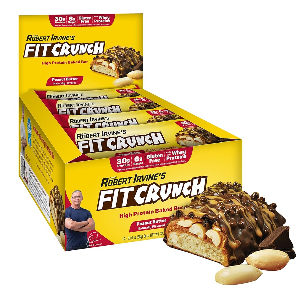 FITCRUNCH Kokokokoisia proteiinipatukoita, 6-layer-paistettua baaria, 6 g sokeria, gluteeniton ja pehmeä kakkuydin (12 baaria, maapähkinävoi)
