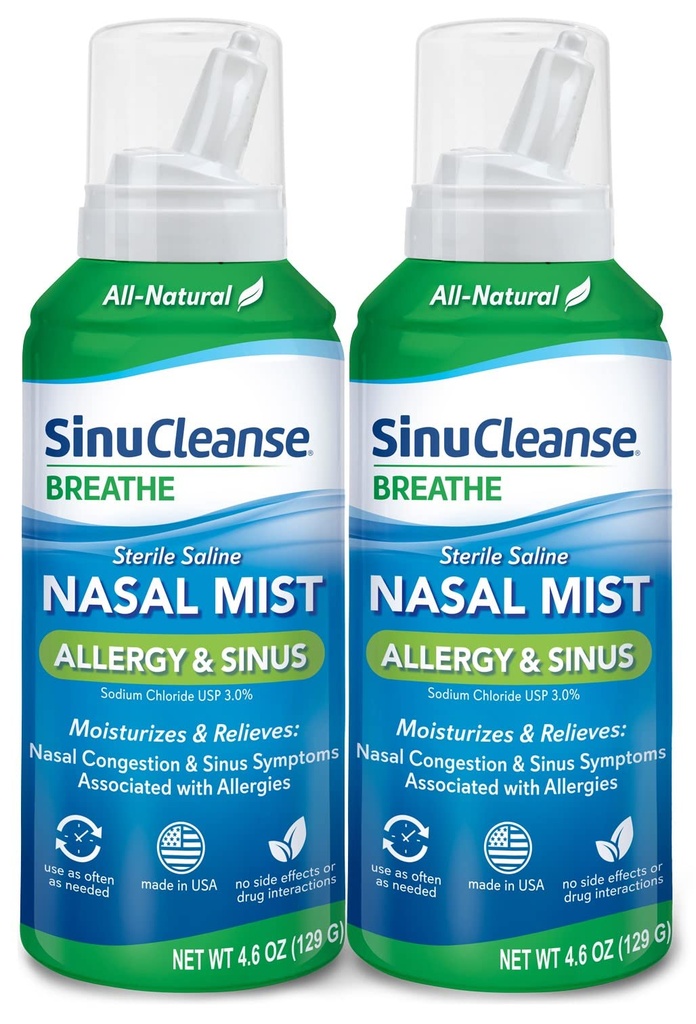 SinuCleanse Allergy & Sinus Sterile Nasal Spray, Ultra Fine Mist, välittömästi Kosteuttaa ja lievittää vakavia nenän tukoksia johtuen allergies, 4.6 Oz (2 Pack), Made in USA