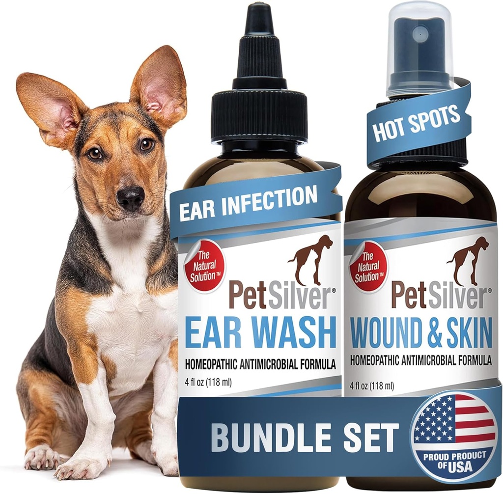 PetSilver - Wound & Skin Spray (4 fl oz) och Ear Wash (8 fl oz) med Patented Chelated Silver - Wound Care, Hot Spot, & Itch Relief Spray - Ear Cleaner & Behandling för katter och hundar - Made in USA