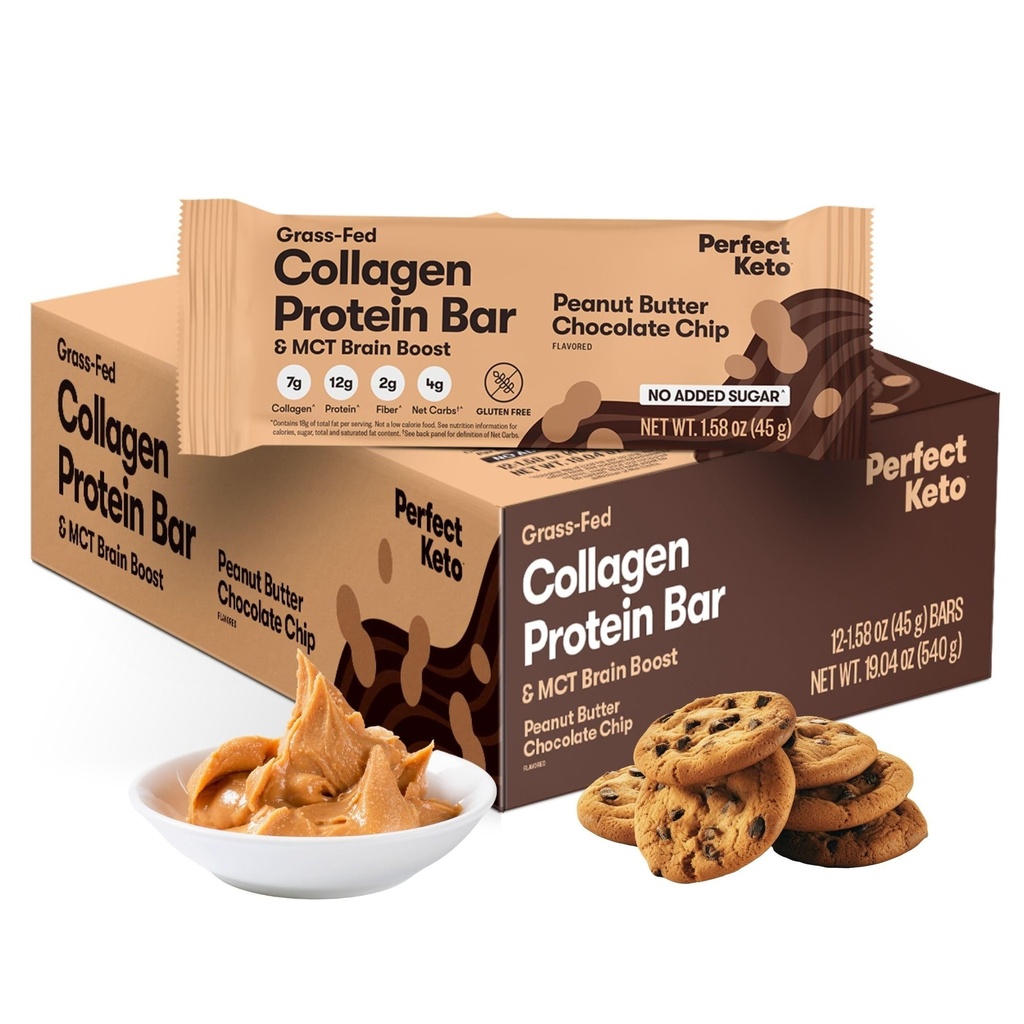 Täydellinen Keto Collagen Protein Bar, gluteeniton ruoho Fed Collagen + MCT Öljy, Low Carb, Ei sokeria Lisätty, Korkea Proteiini Välipalat, Keto Ruoka Foods, 13g proteiinia, 18g rasvaa, 3g Net Carbs, Maapähkinävoi suklaasiru, 12 Bars