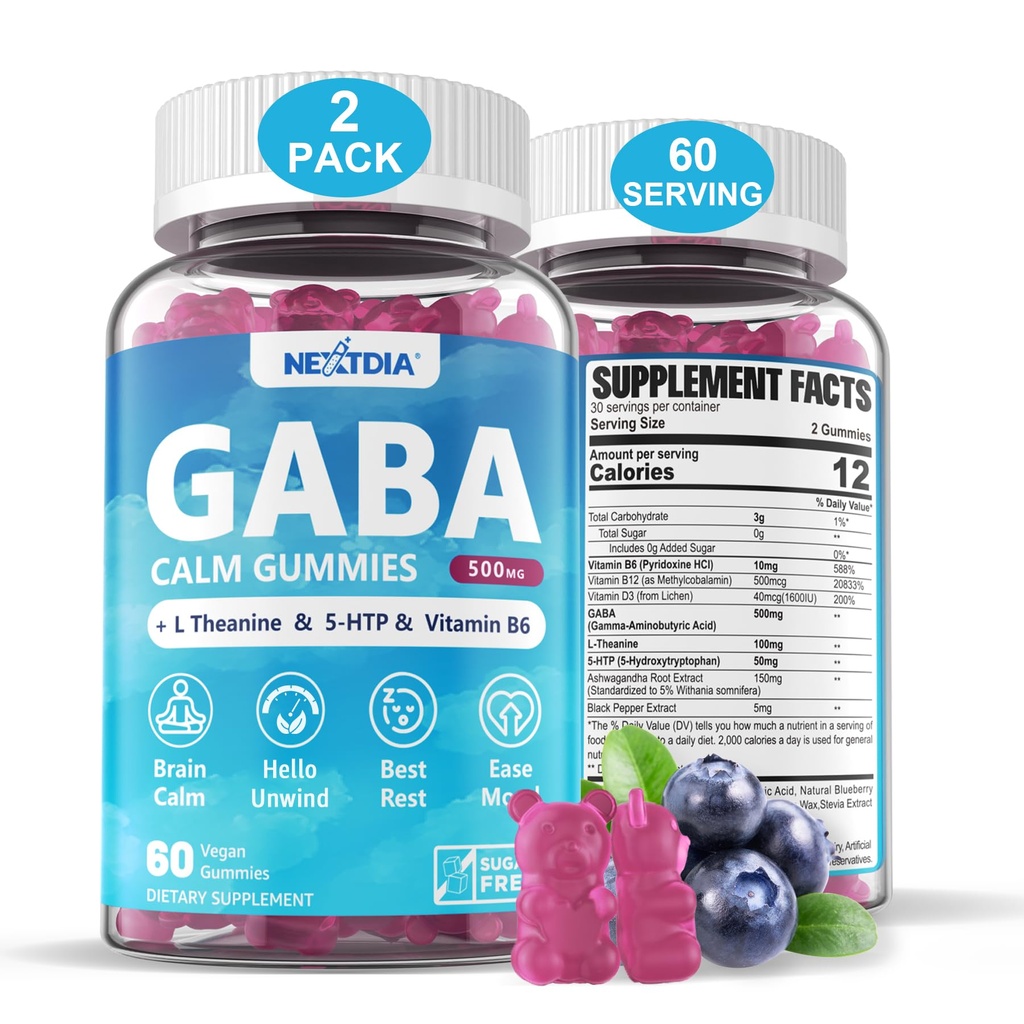 GABA Gummies 500 mg - Sokeriton rauhallinen Gummies kanssa L Theanine, 5-HTP, vitamiinit D3, B12, Ashwagandha, Melatoniini vapaa aivot rauhallinen, Mieliala, Zzz Parempi, GABA täydentää aikuisille, Mustikka maku, Vegan