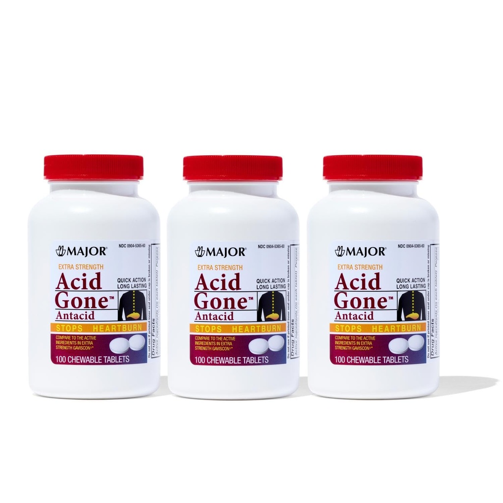 Major Acid Gone Extra Strength Antasidit Pureskeltavat tabletit - Anti-Acid Relief - Acid Reflux Medicine aikuisille - Vatsavaivat, happo ruoansulatushäiriöt ja närästyksen lievitys - Long-Lasting - 100 Count (3 Pack)