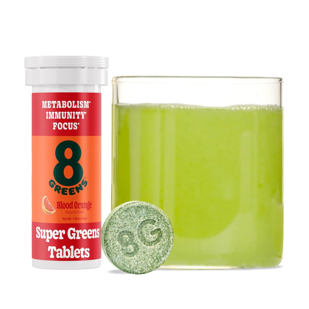 8Greens Supergreens tabletti Super Greens Powder Superfood Tablet, Metabolia Immuniteetti & Focus, Daily Greens Effervescent Tablets, Organic: Aloe Vera, Spirulina, klorella, Blood Orange, 10 Servings