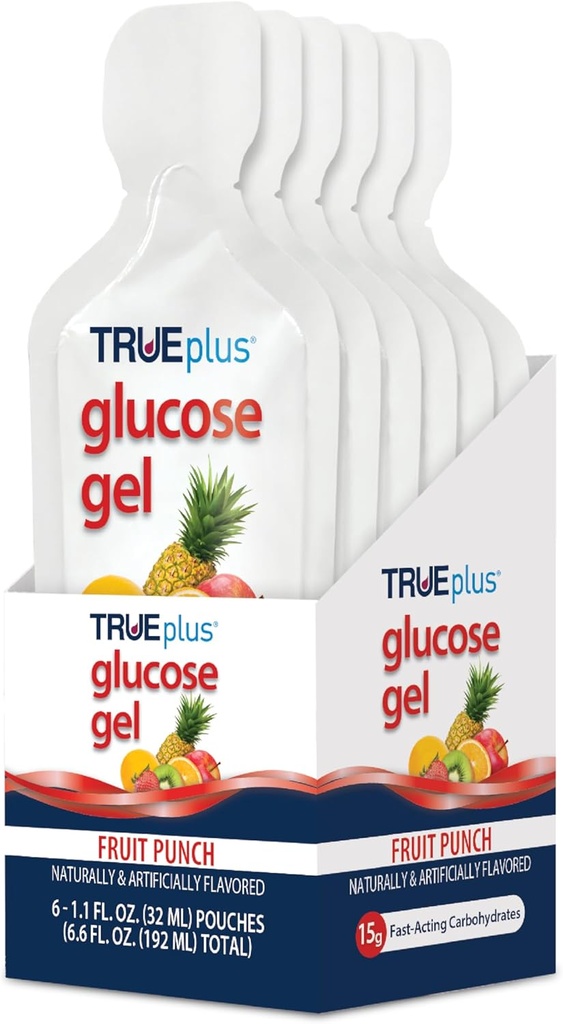 TRUEplus Glucose Gel Pouch, Fruit Punch Flavor, 15g Fast-Acting kolhydrater, Fettfri, Glutenfri, Snabbt stöd för lågt blodsocker och energi, 6 Pack
