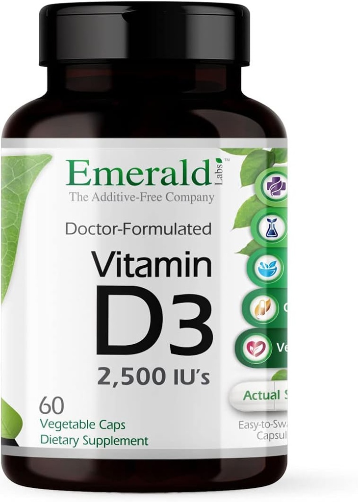 EMERALD LABS D3-vitamiini 2500 IU: n - Tukee luuta, hampaita, lihaksia, sydäntä ja immuuni terveyttä - Premium ruokavalio täydentää - 60 Vihanneskapselit (60-päivä tarjonta)