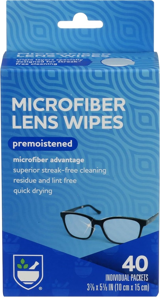 Rite Aid Eye Care Microfiber Lens Wipes, Premoistened, Individuellt inslagna paket - 40 greve | Snabbtorkning, Anti-Streak Formel | Eyeglas rengöringswipes | Eye Glass renare och kläder | Lens Wipes
