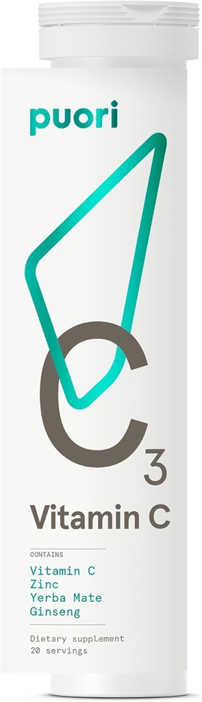 Puori C3 Vitamin C Supplement för immun- och antioxidantstöd - 20 portioner - Vitamin C, Zink, Yerba Mate, Ginseng hjälper till att bekämpa trötthet och kognitiv funktion