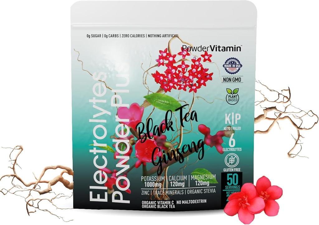 PowderVitamin Electrolytes Powder Plus (50 tarjoilua) Musta tee Ginseng Electrolyte Powder Keto, sokeriton, vaaleanpunainen Himalajan Salt, 1000 mg Kalium, 120 mg kalsium, 120 mg Magnesium, hydrausjauhe