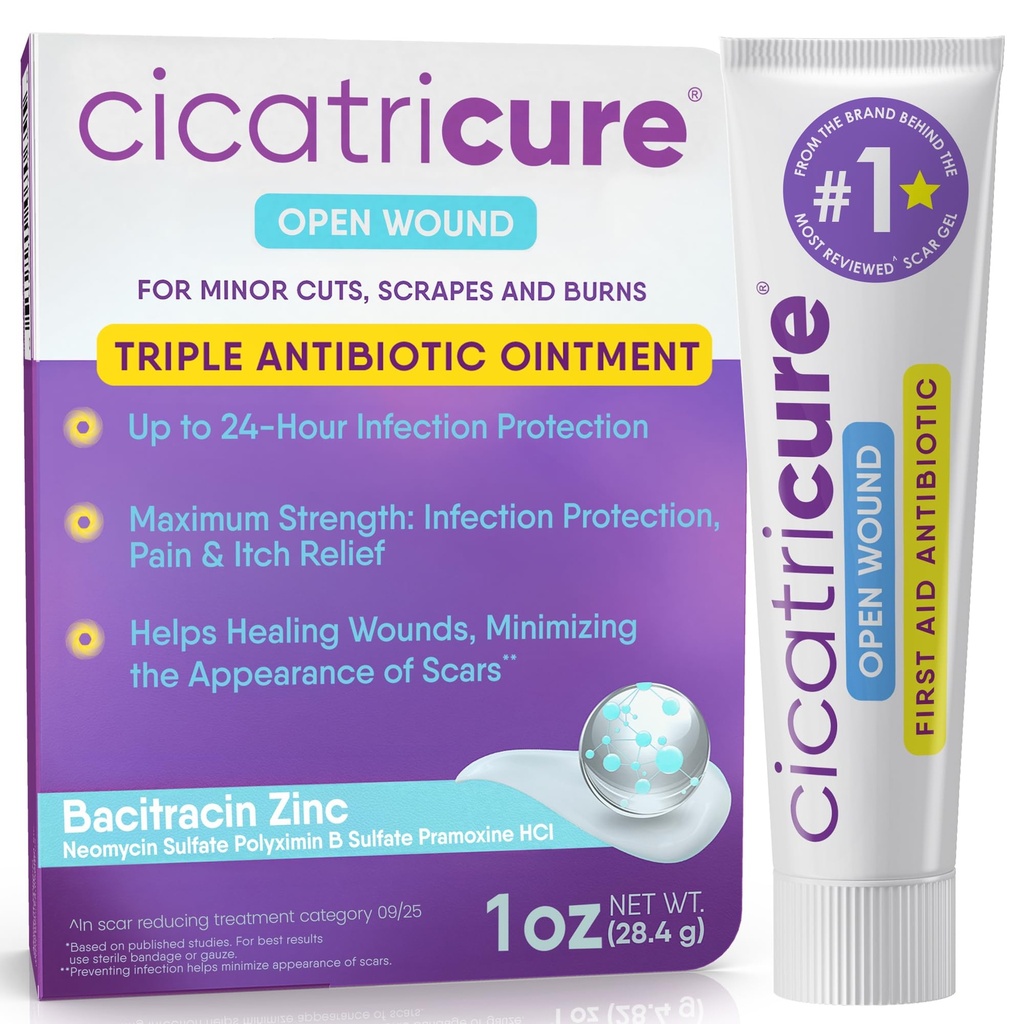 Cicatricure Triple Antibiotic Ointment with Pain Relief, Bacitracin Antibiootti Voide & Cream for Haavojen hoito, Parannusvoide viiltoja, paloja, hyönteisten puremia, ensiapu tarvikkeet Essential, 1 oz