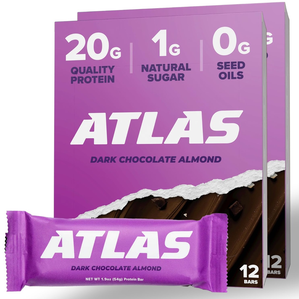 Atlas Protein Bar, 20g proteiinia, 1g sokeria, puhtaita ainesosia, gluteeniton, tumma suklaa manteli (12 kreivi, pakkaus 2)