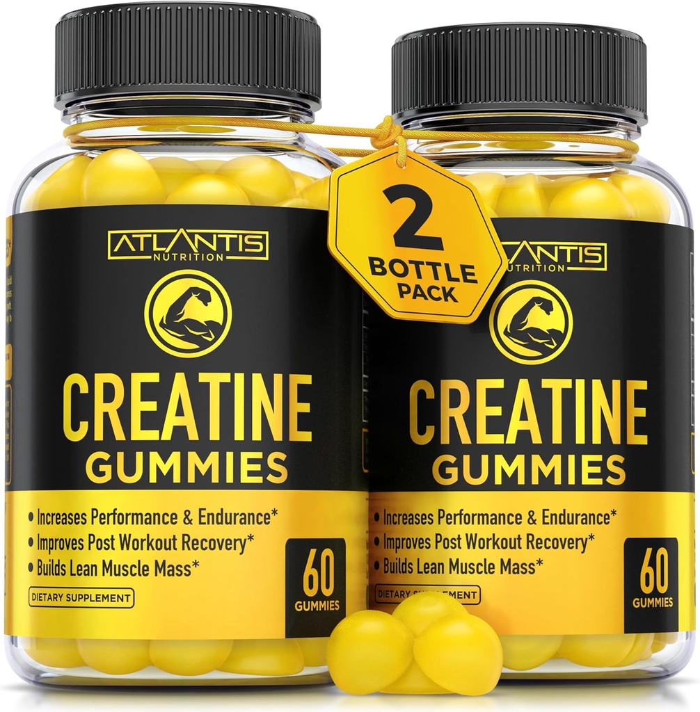 Atlantis Nutrition Kreatin Monohydrat Gummies för styrka och atletisk prestanda - 5g Kreatin Per Servering - Bygg Muskel, Boost Performance & Endurance & Improve Post Workout Recovery - 120 Count