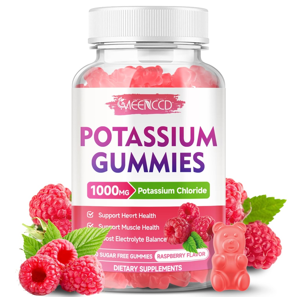 Kalium Gummies, kaliumklorid 1000mg för vuxna, sockerfri kalium Supplement Gummies stöd Electrolyte Balance & Leg kramper för kvinnor och män, hallon smak, 60 greve