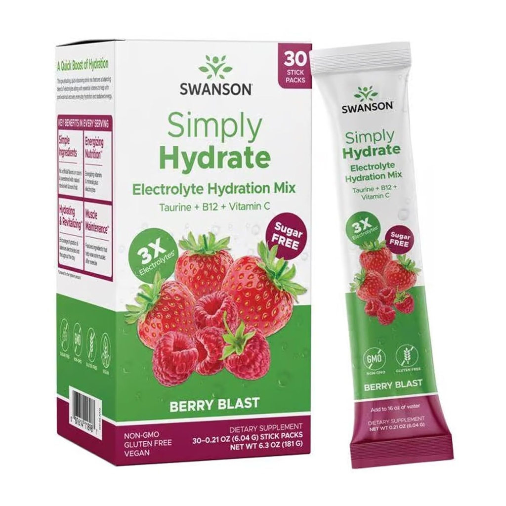 Swanson Yksinkertaisesti Hydrate Electrolyte Powder Mix - Sokeriton juoma Sekoita 0 kaloria - kätevä On-The-Go Hydration Powder - Advanced Electrolyte Drink Mix - Berry Blast Flavor - 30 Packets