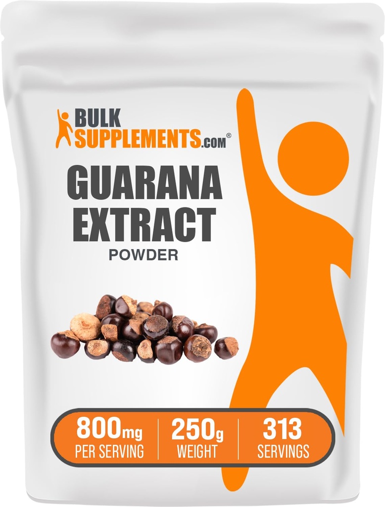BulkSupplements.com Guarana Extract Powder - Natural Cofeine Supplement, Guarana Seed, Guarana Powder - Gluteeniton, 800 mg per tarjoilu, 250g (8.8 oz) (Pakkaus 1)