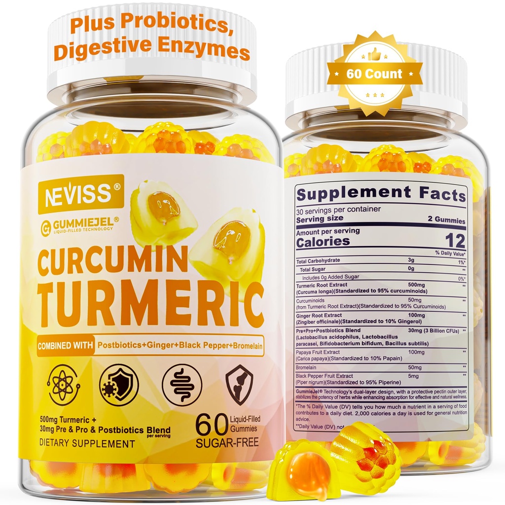 Sugar Free Turmeric Curcumin Filled Gummies 550mg aikuisille, inkivääri ja mustapippuri ... 95% Curcuminoidit w/prebiootti Probiootti ja Postbiootti Blend, tuki Immuuni ja ruoansulatusterveys, vegaaninen, 60