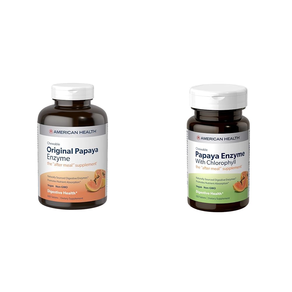 American Health Papaya Dgestive Enzyme Purutabletti Bundle - Alkuperäinen 600 kreivi ja klorofylli 100 kreivi