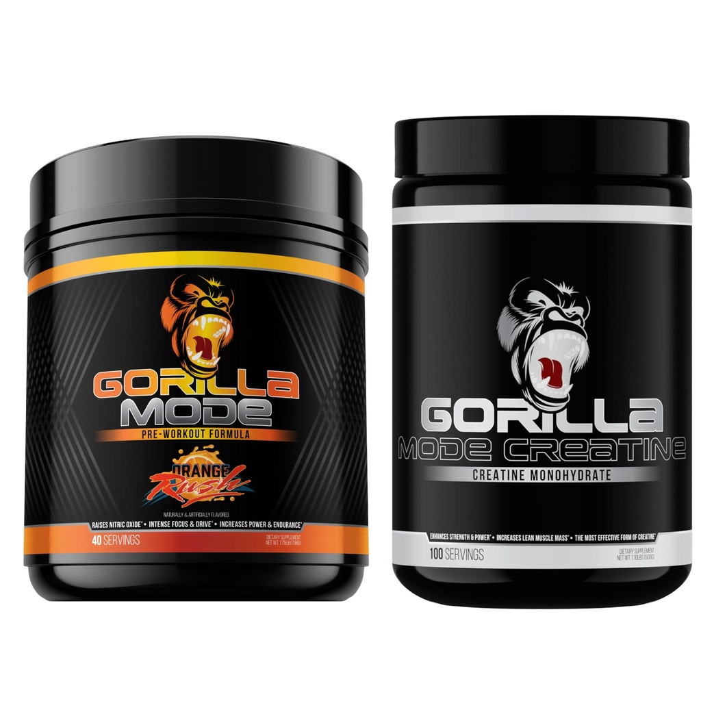 Gorilla Mind Pre Treenout (Orange Rush) + Creatine (100 Serv.) - Kattava pino parannettua voimaa, teho tuotosta ja lihasten kokoa