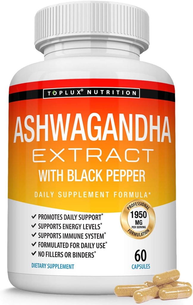 Luomu Ashwagandha juurijauhe pillereitä 1950 Mg Black Pepper Extract - Pure Natural Ashwagandha täydentää, tuki energia, miesten naisten 60 kapselia