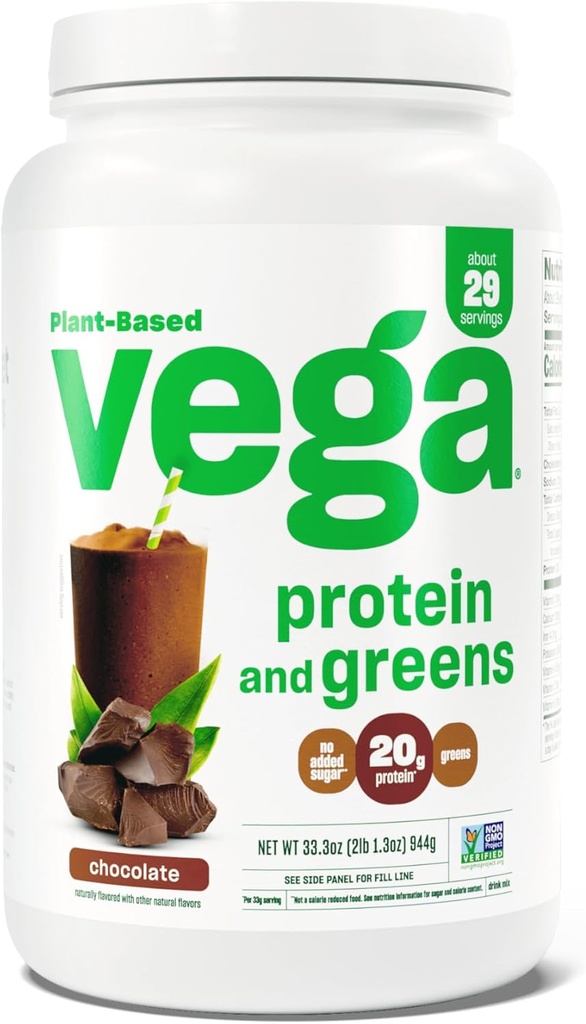 Vega Protein och Greens Protein Powder, Chocolate - 20g Plant Based Protein Plus Veggies, Vegan, Non GMO, Pea Protein för kvinnor och män, 2.1bs