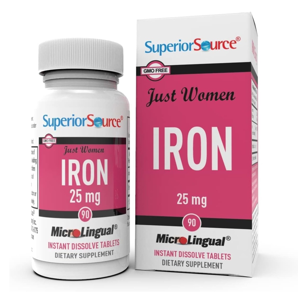 Superior Source Just Women Iron 25 mg - Ferrous Fumarate Supplement för kvinnor - Järntillskott stöder övergripande hälsa - Formelhjälpmedel mot gastrointestinalt obehag - 90 omedelbara lösa tabletter