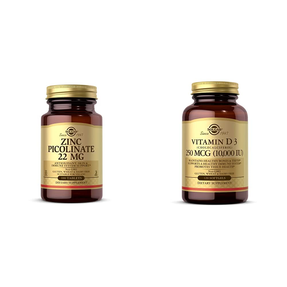 Solgar Sinkkipikolinaatti 22 mg, 100 tablettia - edistää tervettä ihoa - tukee immuunijärjestelmää, normaali T D3-vitamiinia (kolekalsiferoli) 250 MCG (10 000 IU), 120 Softgels - auttaa säilyttämään terveet luut