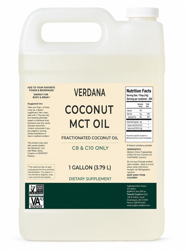 Verdana MCT Öljy, Fractionated, 100% Coconut - 1 Gallon - Kosher Food Grade, Vegan, non-GMO - Great Keto ja Paleo Diet (128 Fl Oz)