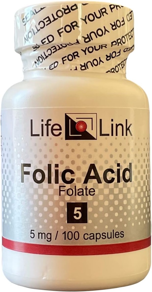 LifeLink Folic Acid | 5 mg x 100 kapslar | Prenatal Health, Essential B Vitamin | Gluten Free & Non-GMO | Tillverkad i USA